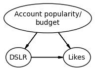 Directed graph where "Account popularity/budget" points to "DSLR" and "Likes." "DSLR" also points to "Likes."